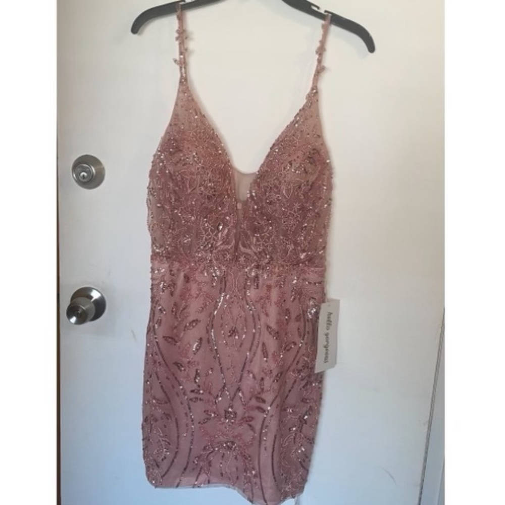 Sequin Sheer-Bodice Deep V-Neck Homecoming Dress - Picture 2 of 7